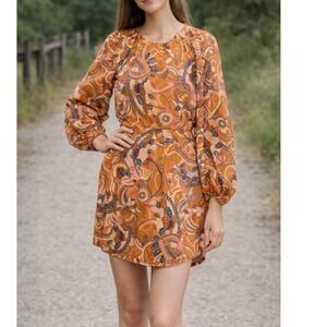 A.L.C Rosanna Dress Womens 4 Orange Clay Paisley Long Sleeve Boho Cottagecore